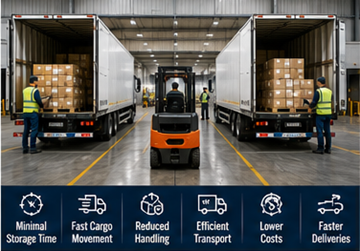 Cross-docking warehouse transferring pallets directly between trucks