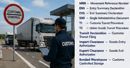 International border customs clearance process with freight documents and abbreviations for import export operations