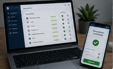 Digital logistics platform showing online insurance certificates and transport document management
