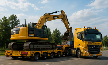Low loader trailer transporting construction machinery and oversized cargo