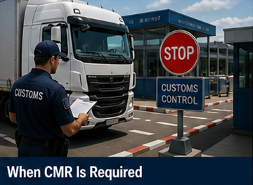 Truck at European border with driver presenting transport documents including CMR